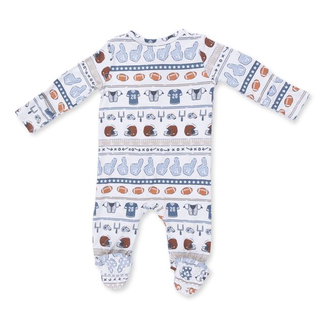 back of baby footie with football stripes with football charms and symbols. 