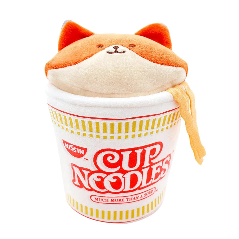 squish fox plush wearing a cup of noodles outfit. Outfit and fox can be detached