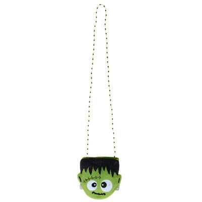 beaded bag, crossbody style in the shape of Frankenstein's head. he has big eyes and is making a silly face. the color of his face is green and his hair is black. 