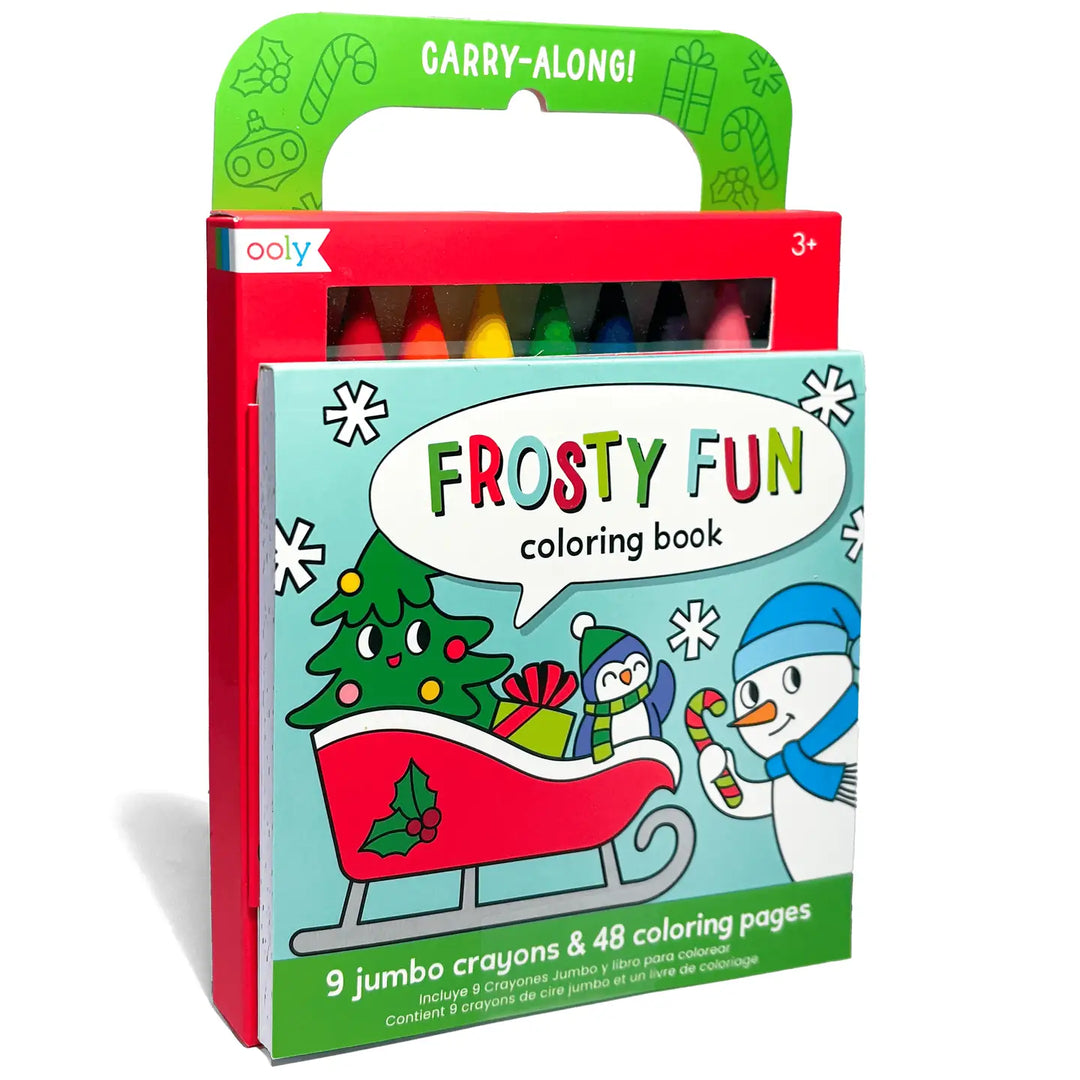 Ooly Frosty Fun Coloring Book in its red and green carry-along packaging, featuring a festive Christmas-themed cover with a snowman, penguin, sleigh, and colorful title text.