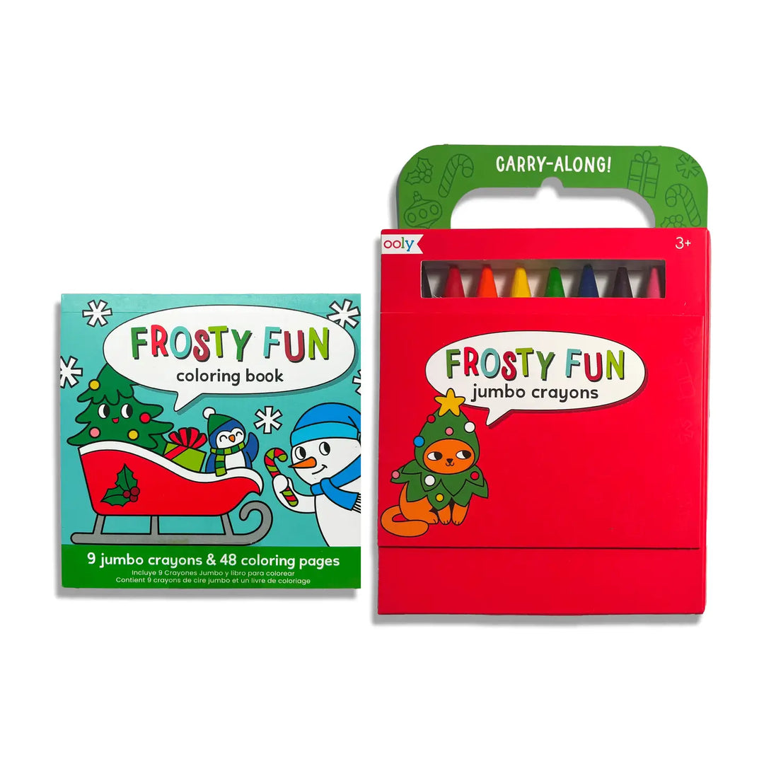 A children's holiday gift set showing a red box of 'Frosty Fun' jumbo crayons next to a smaller illustrated coloring book cover. The packaging features festive Christmas graphics including a snowman, penguin, Santa in a sleigh, and an orange Christmas tree.