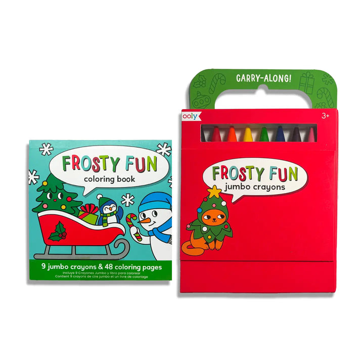 A children's holiday gift set showing a red box of 'Frosty Fun' jumbo crayons next to a smaller illustrated coloring book cover. The packaging features festive Christmas graphics including a snowman, penguin, Santa in a sleigh, and an orange Christmas tree.