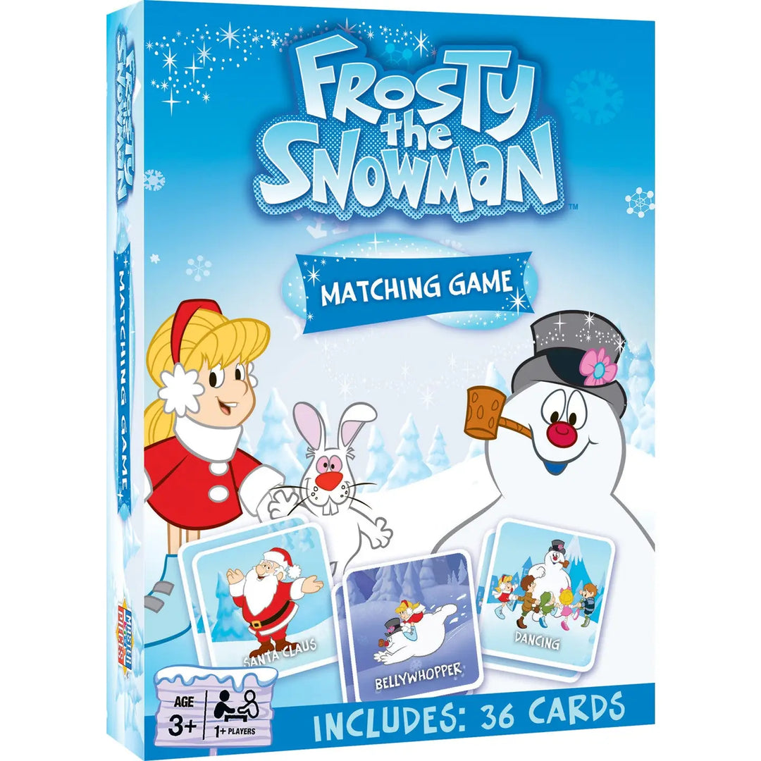 Frosty the Snowman matching game packaging with characters and cards on a blue background