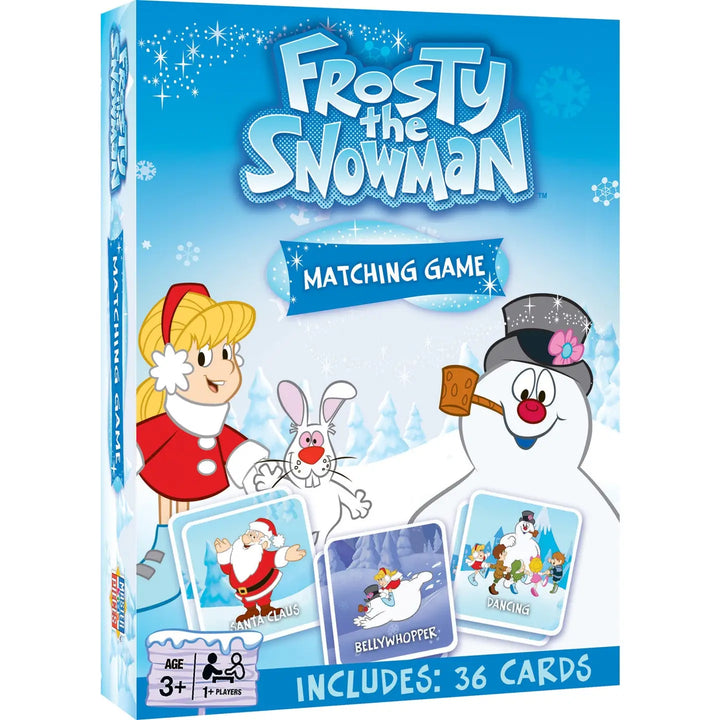 Frosty the Snowman matching game packaging with characters and cards on a blue background