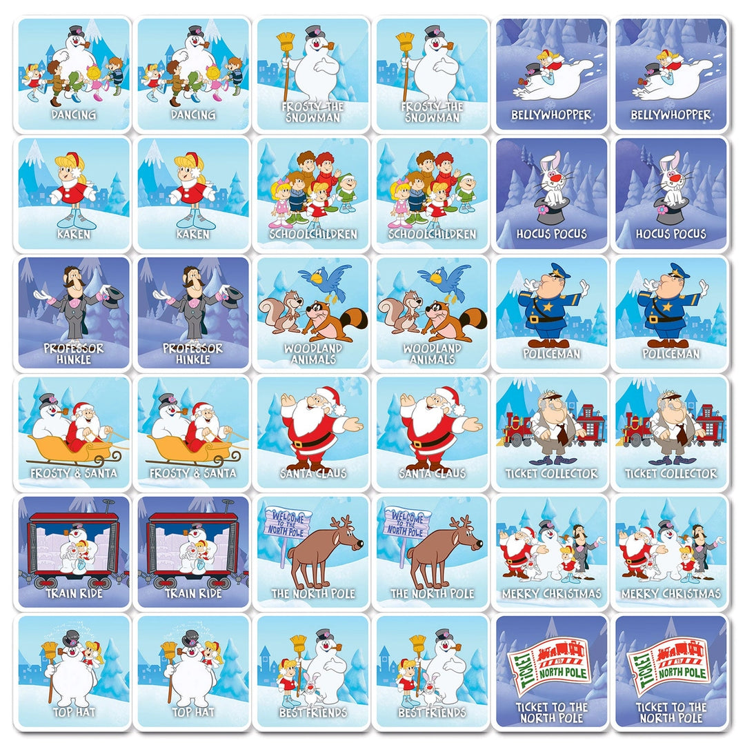 A 5x5 grid of square cartoon character cards on a light blue background, featuring festive holiday scenes and characters such as Santa Claus, snow globes, reindeer, elves, and holiday-themed illustrations.