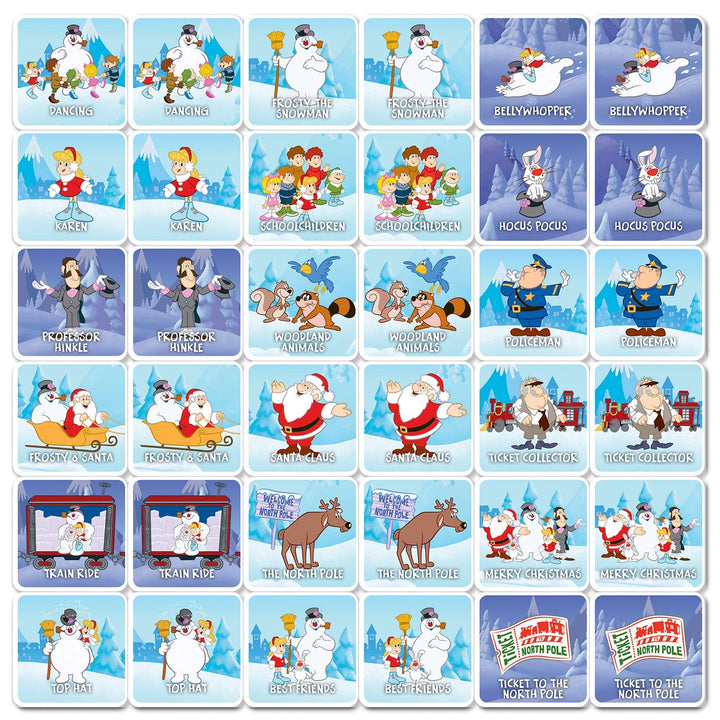 A 5x5 grid of square cartoon character cards on a light blue background, featuring festive holiday scenes and characters such as Santa Claus, snow globes, reindeer, elves, and holiday-themed illustrations.