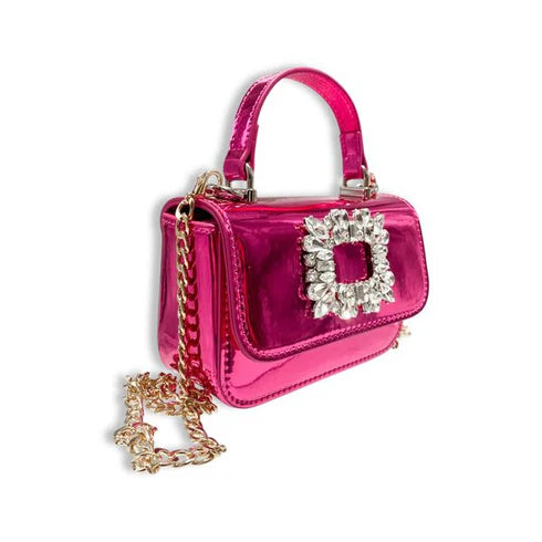 Handbag | Rhinestone Decor Patent Purse - Fuscia | Doe a Dear