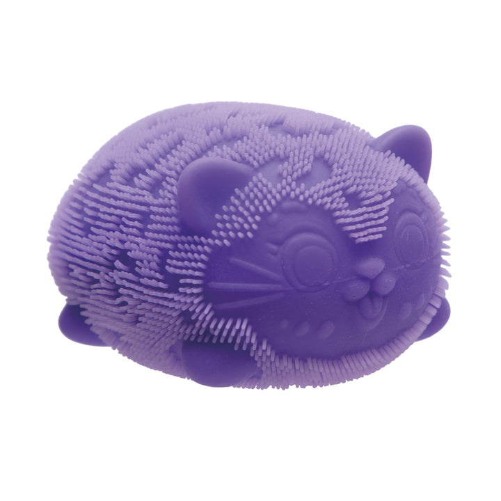 Purple cat -shaped squish toy on a white background