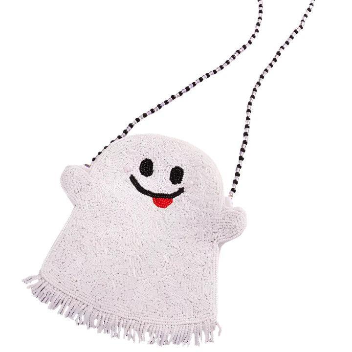 close up picture of the ghost and detailing on the ghost bag. The ghost is smiling with its tongue out. 