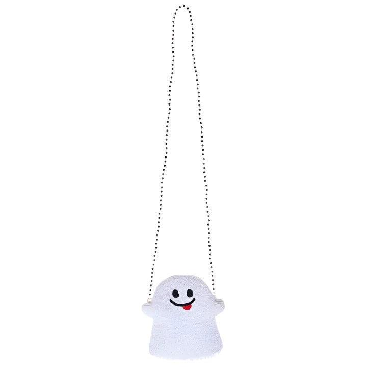 seed beaded bag in the shape of a ghost. the color of the ghost is white and the strap is black beads