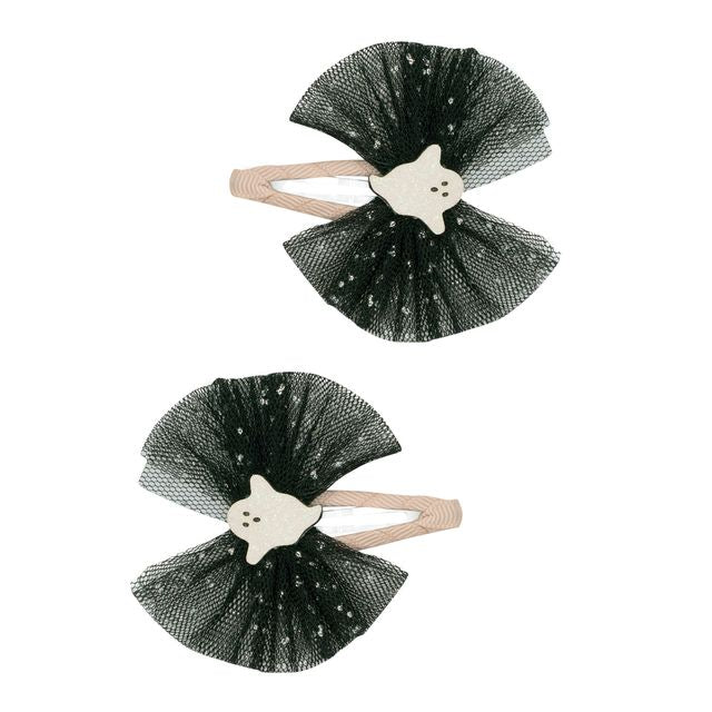 Two black tulle hair bows with white ghost decorations on a white background