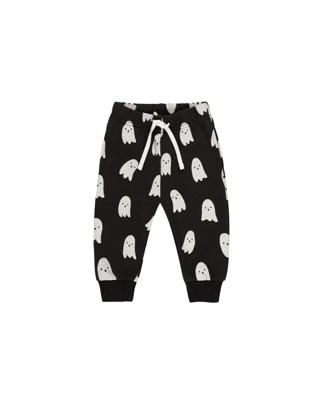 relaxed fit sweatpants, black ground with white ghosts all over. drawstring at the waist. 