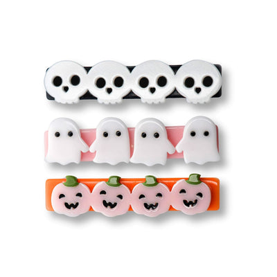 set of 3 alligator clips: one skeleton pattern, one ghost pattern, one pumpkin pattern