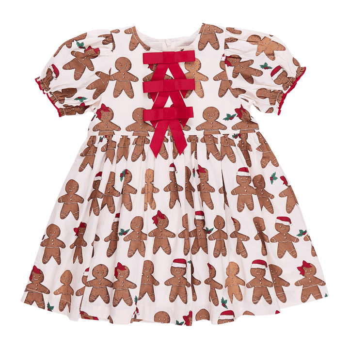 gingerbread cookies on the dress. little boy and little girl 3 red bows down the center of the upper chest of the dress. 