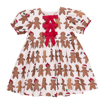 gingerbread cookies on the dress. little boy and little girl 3 red bows down the center of the upper chest of the dress. 