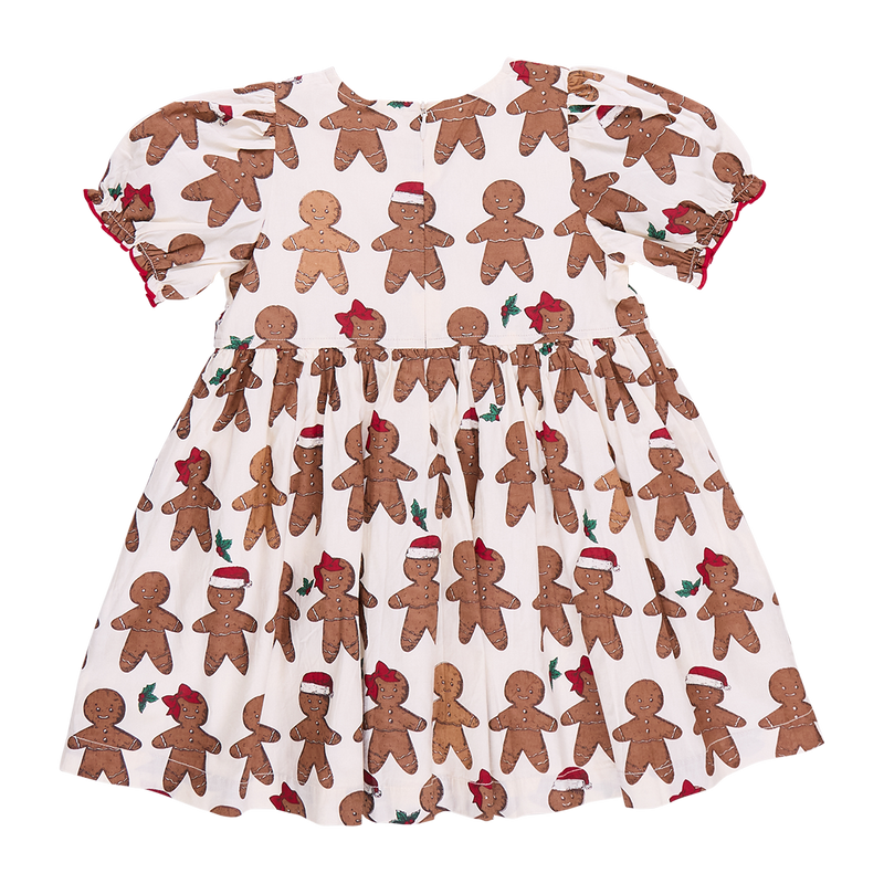 back of gingerbread dress with hidden zipper. gingerbread boys and girls all over the dress. 