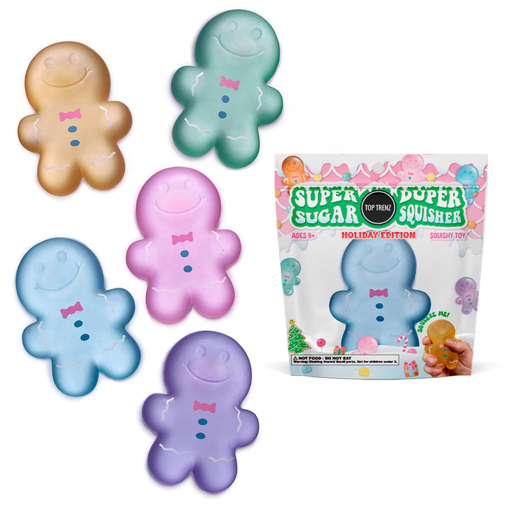 Colorful gingerbread-shaped squishers with a packaging box on a white background