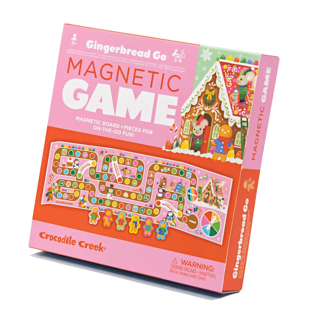 Gingerbread Co Magnetic Game box by Crocodile Creek, featuring a pink and orange design with illustrations of a gingerbread house and a colorful game board.