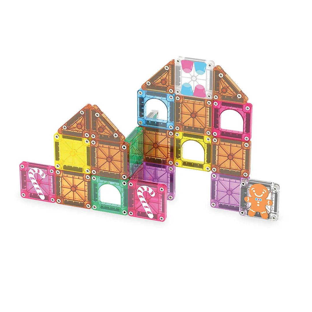 Colorful magnetic building blocks on a white background