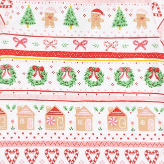 A long-sleeve baby or toddler top featuring a festive Christmas fair isle pattern in red, green, and brown on a white background, with solid pink cuffs.