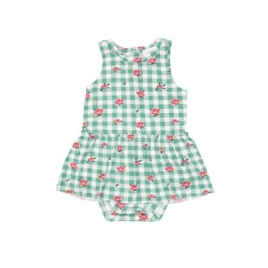 Baby Girl One Piece| Bodysuit with Skirt- Gingham Roses | Angel Dear