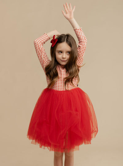 little girl modeling the red and white gingham dress with red tulle bottom