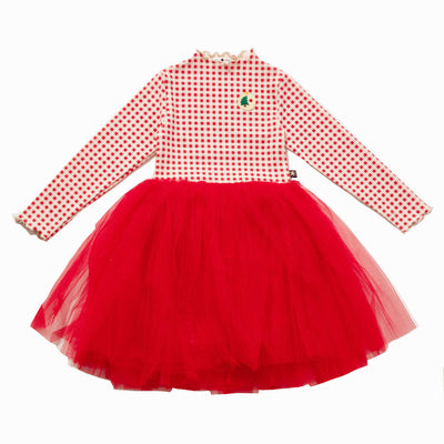 red and white gingham top of the dress with red tulle bottom. small christmas tree patch on the top of the dress. 