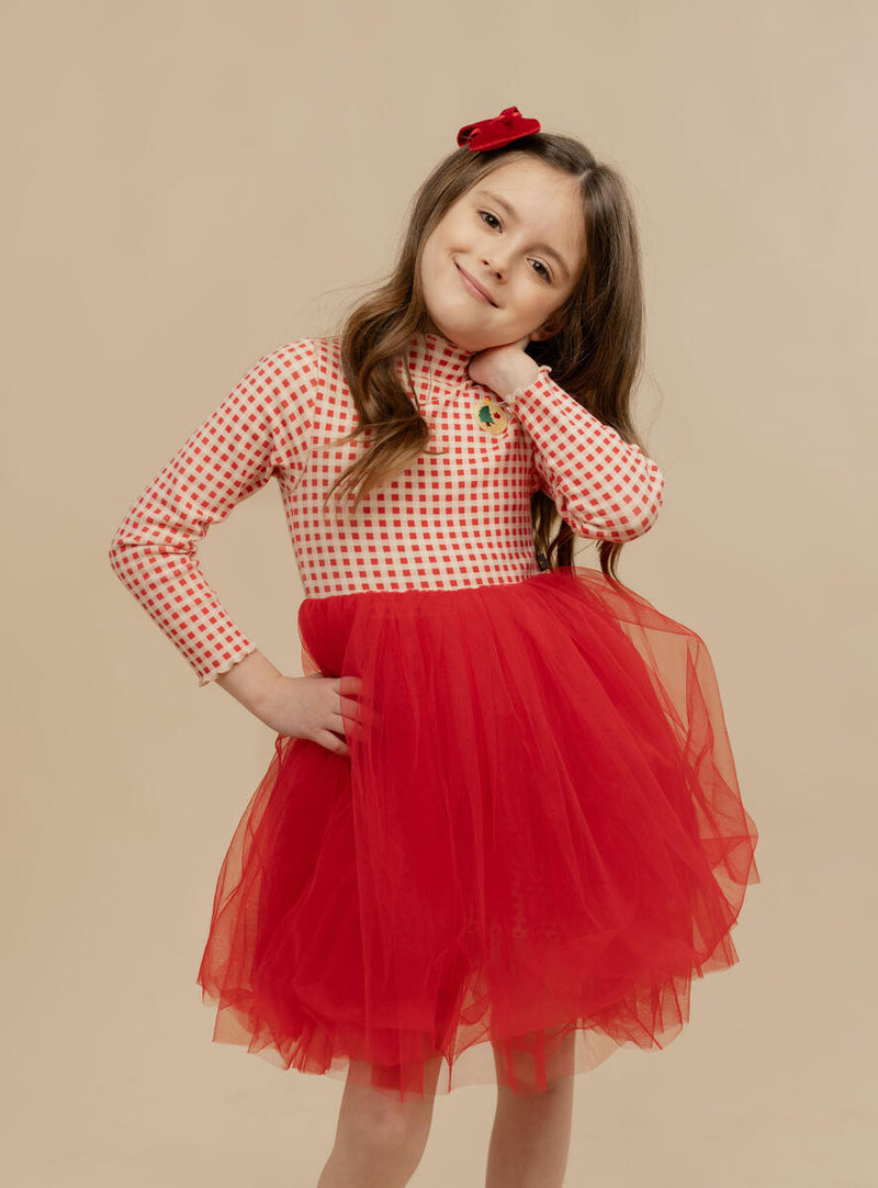 little girl modeling the gingham red and white tulle dress. 