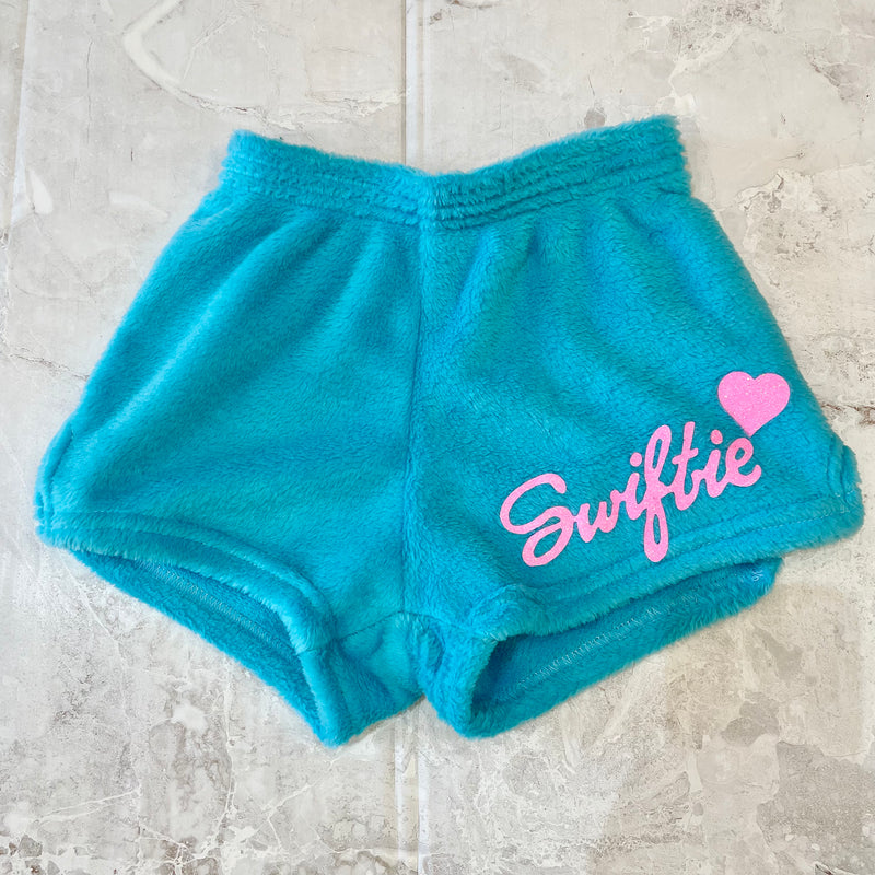 Girls Bottoms | Taylor Swift: Plush Shorts - Turquoise Swiftie | Made with Love and Kisses - The Ridge Kids