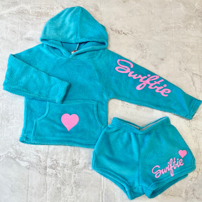 Girls Bottoms | Taylor Swift: Plush Shorts - Turquoise Swiftie | Made with Love and Kisses - The Ridge Kids