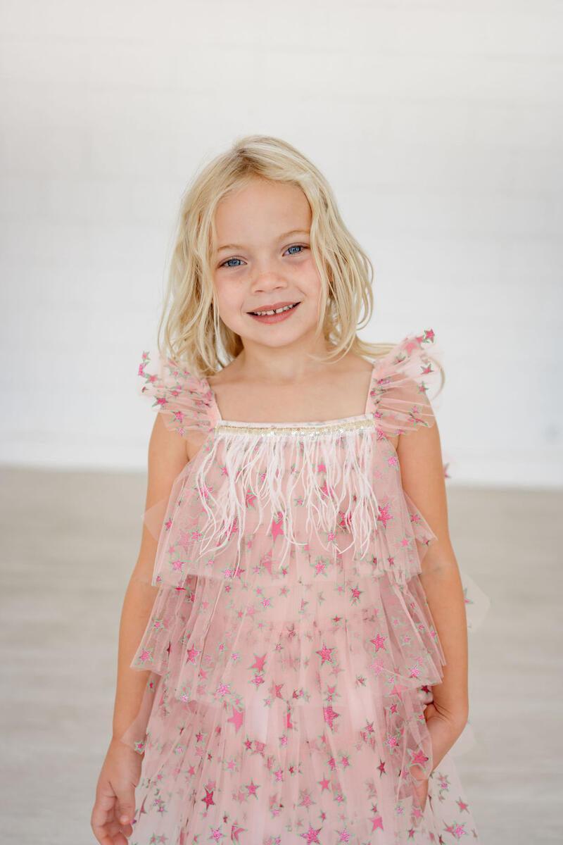 Baby Girl Dresses | Fur Layered Dress- Pink Star | Petite Hailey - 12M Baby Girl Dresses | Fur Layered Dress- Pink Star | Petite Hailey - 12M