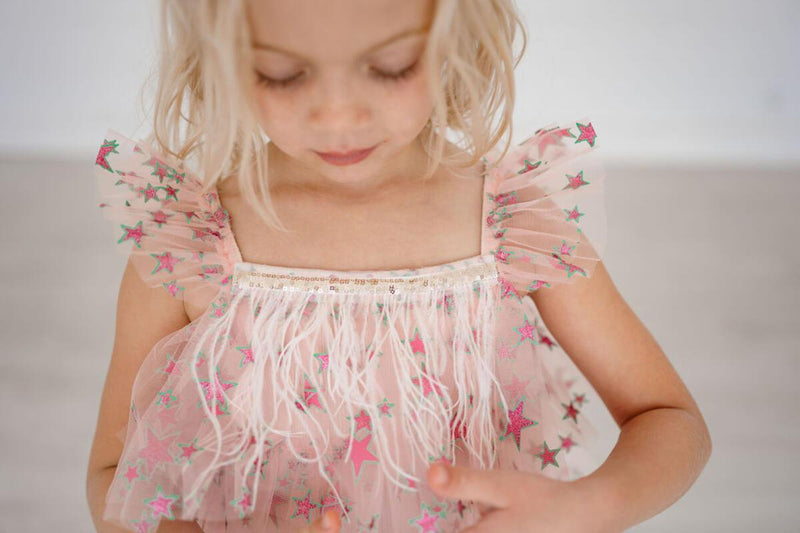 Girls Dress | Fur Layered Dress - Pink Star | Petite Hailey - The Ridge Kids