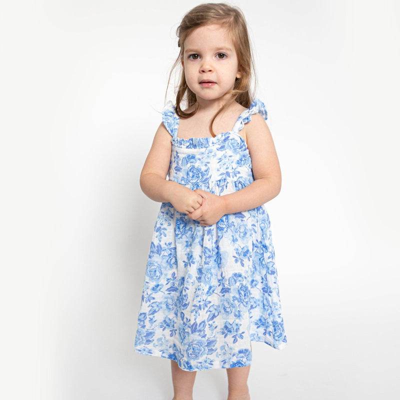 Girls Dress | Paperbag Sundress- Blue Roses | Angel Dear - The Ridge Kids