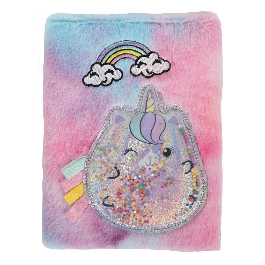 furry rainbow colored journal with kitty unicorn on the front and glitter inside the unicorn
