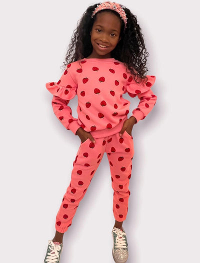 Girls Loungewear| Strawberry Ruffle Joggers Set | Lola and The Boys - The Ridge Kids