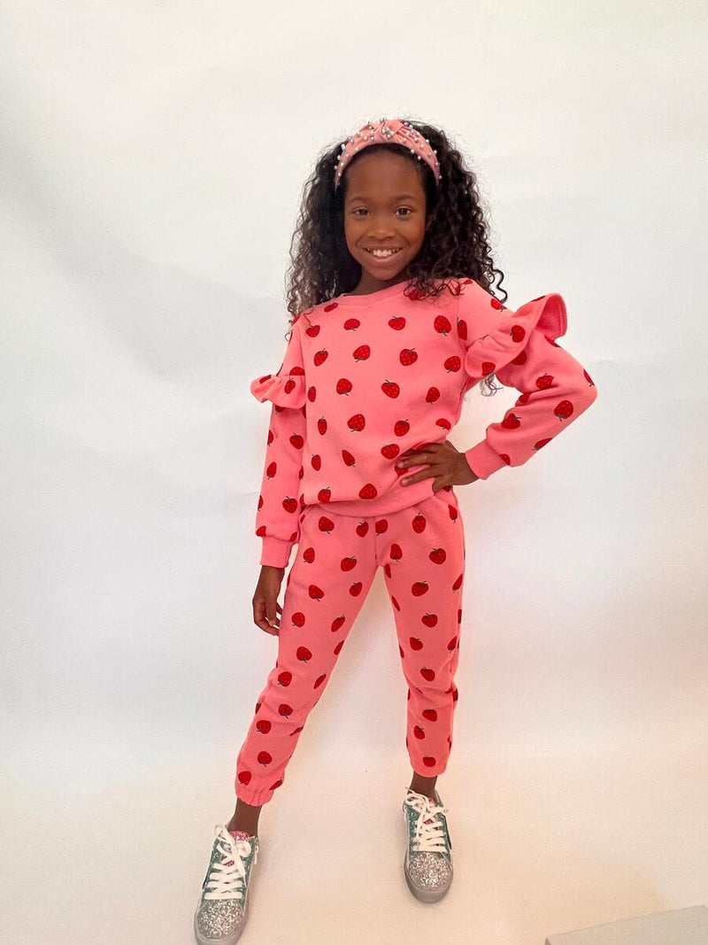 Girls Loungewear| Strawberry Ruffle Joggers Set | Lola and The Boys - The Ridge Kids