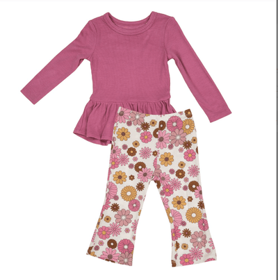 Girls Set | Rib Chateau Rose Peplum Top & Pant Set | Angel Dear - The Ridge Kids