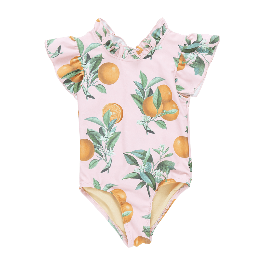 Girls Swimwear | Jennifer Suit- Pink Botanical Oranges | Pink Chicken - The Ridge Kids