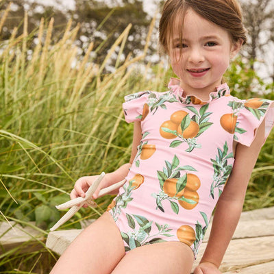 Girls Swimwear | Jennifer Suit- Pink Botanical Oranges | Pink Chicken - The Ridge Kids