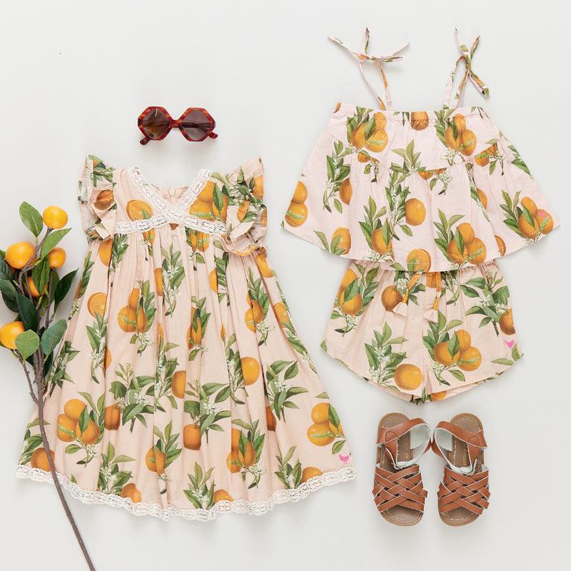 Girls Top | Stella - Pink Botanical Oranges | PInk Chicken - The Ridge Kids