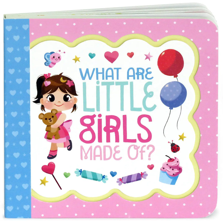 Children's book cover with a cartoon girl holding a teddy bear, balloons, and sweets on a pink and blue background.