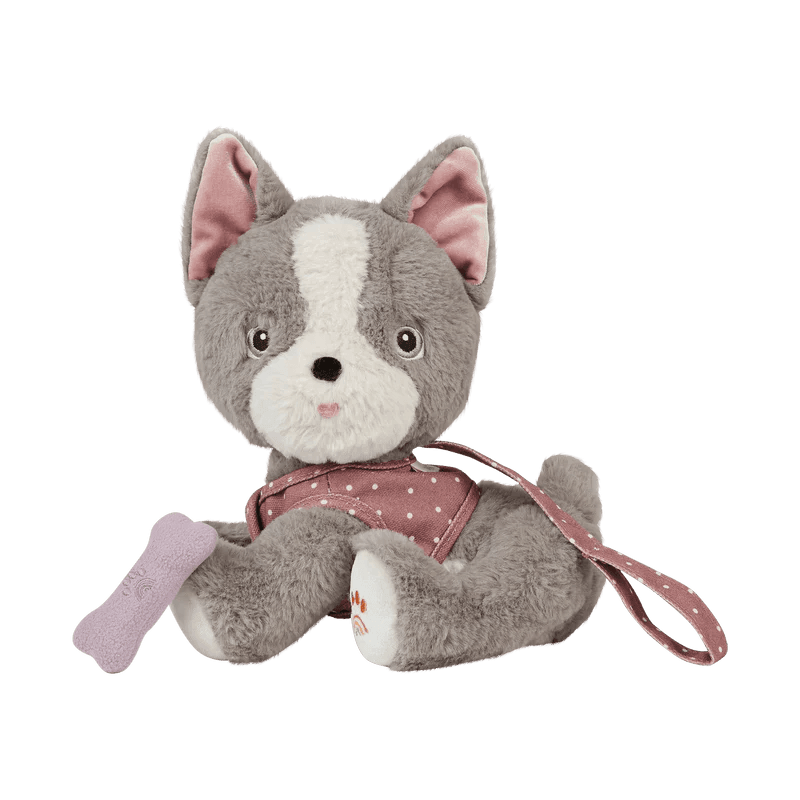 gray and white stuffed animal dog with a puppy face. dusty rose lead with a bone that attaches to his mouth.