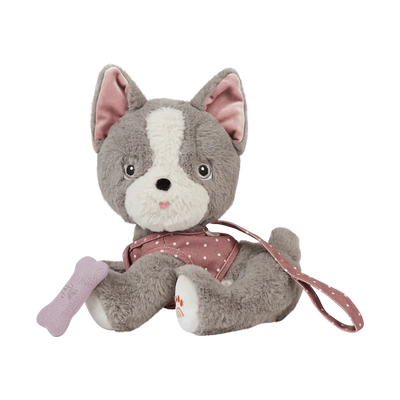 gray and white stuffed animal dog with a puppy face. dusty rose lead with a bone that attaches to his mouth.