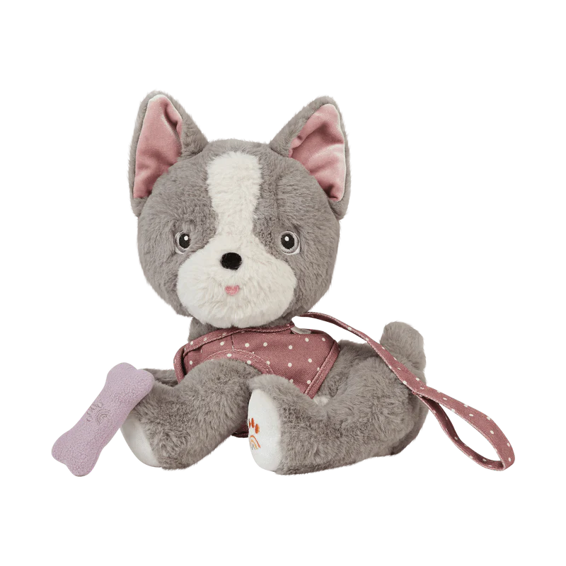 gray and white stuffed animal dog with a puppy face. dusty rose lead with a bone that attaches to his mouth.