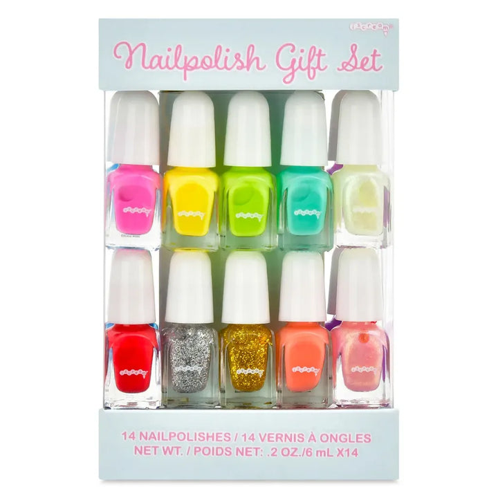 A 14-nail polish gift set in a clear plastic box with a light blue header and footer. The set contains 14 small nail polish bottles in assorted bright colors, including pink, yellow, green, teal, white, red, silver glitter, gold glitter, orange, and coral.