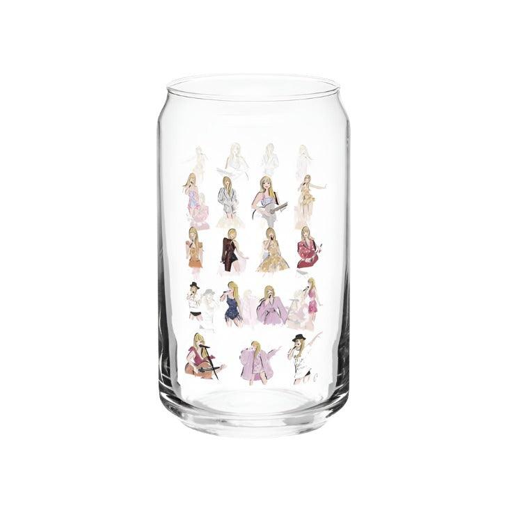 Beer style glass with Small Taylor Swift decals all over it. Taylor is dressed in all of her different eras on this glass. 
