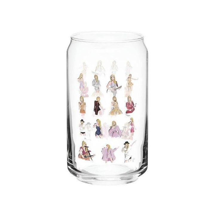 Beer style glass with Small Taylor Swift decals all over it. Taylor is dressed in all of her different eras on this glass. 