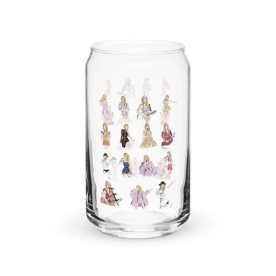 Beer style glass with Small Taylor Swift decals all over it. Taylor is dressed in all of her different eras on this glass. 