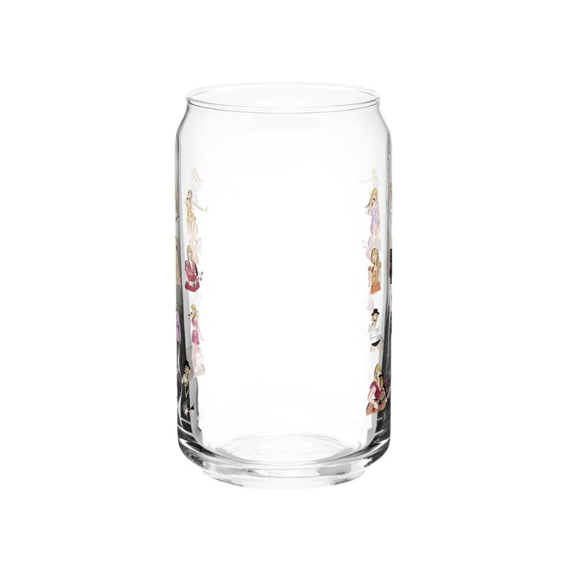 Beer style glass with Taylor swift decals all over it, Taylor is dressed in  all of her eras outfits.This view is of the back of the glass. 