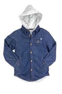 Denim button down shirt with gray hood and gray sweatshirt lining.